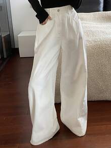 DAZY Jeans de pierna ancha de unicolor con bolsillo plisado y plegado para mujer - Blanco - Ver 4