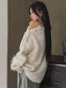 DAZY Pull ample décontracté à col rond et boutons latéraux pour femmes - Beige - Voir 2