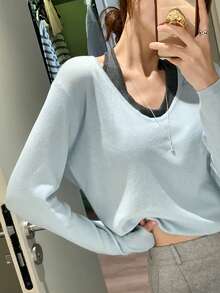 DAZY 1件镂空设计露背显瘦优雅针织毛衣（女款） - 藍色 - 查看 7