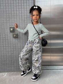SHEIN Young Girl Sports Casual Knit Long Sleeve Top And Leaf Print Long Pants Set - Light Grey - View 6
