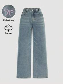 SHEIN Explorewe Jeans a gamba dritta per ragazze pre-adolescenti, denim blu vintage vintage, estetica Y2K, casual all'aperto dolce e alla moda, in comodo cotone, decorati con ricamo a farfalla, vita elastica, versatili per scuola, feste, viaggi, autunno - Blu lavato medio - Visualizzare 5
