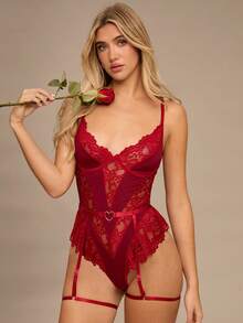 Enchnt 2件套蕾丝拼接性感女式连体衣（无钢圈/吊袜带），外出 - 酒紅色 - 查看 1