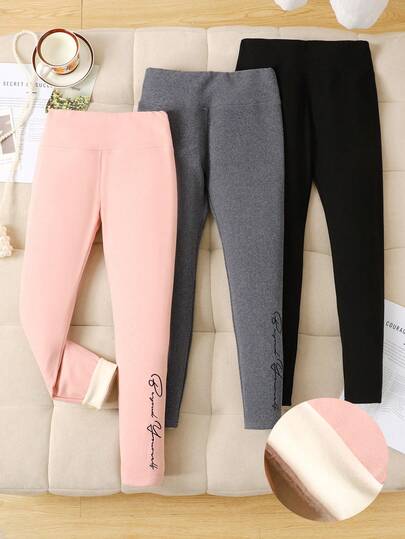 SHEIN 3pcs/Set Tween Girls' Knit High Waist Fleece Leggings, Casual & Versatile