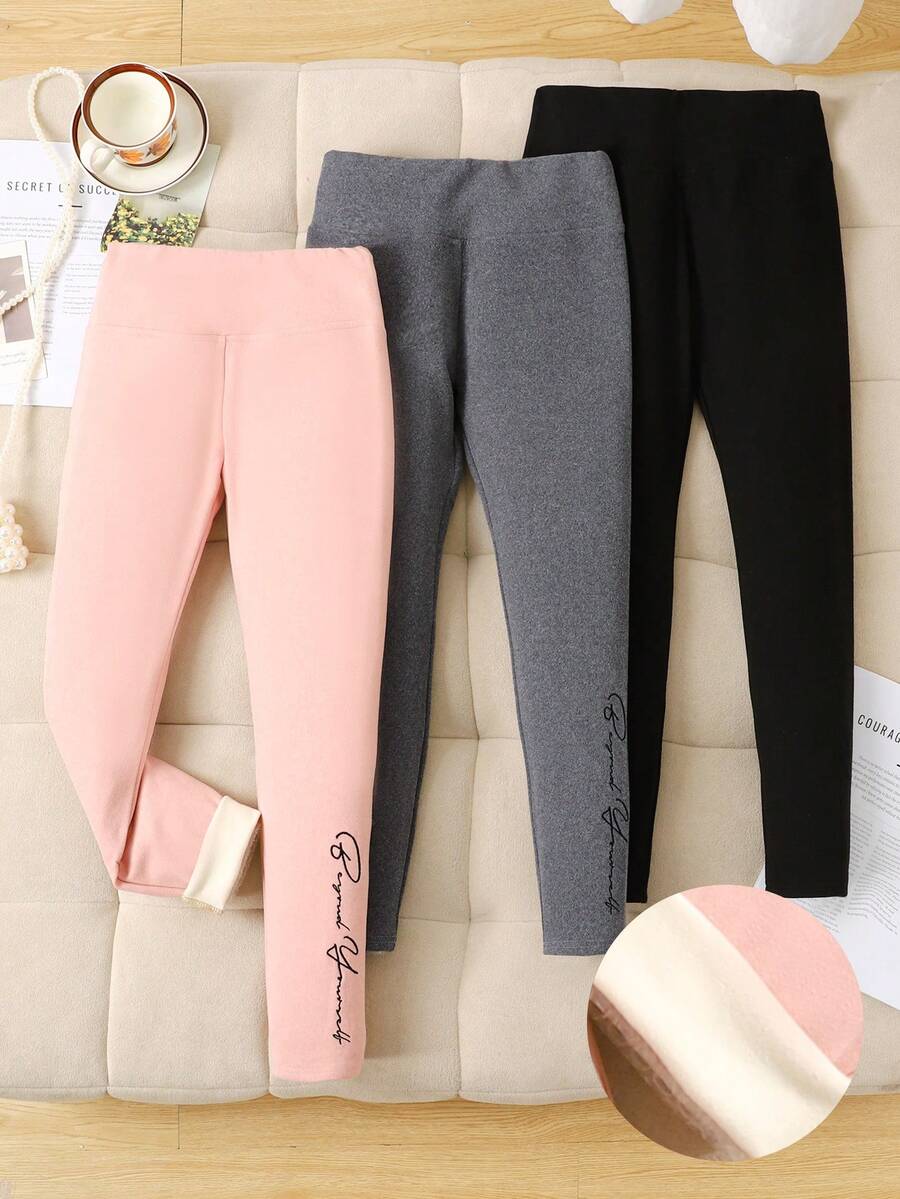 SHEIN 3 件套青少年女孩针织高腰羊毛紧身裤，休闲百搭 - 彩色 - 查看 1