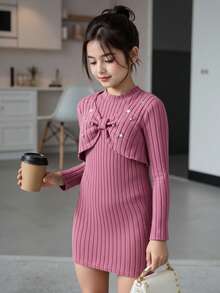 2pcs Girls' Casual Outfit, Pearl Embellished Long Sleeve Top And A-Line Halter Neck Dress, Elegant Outerwear For Spring Autumn, School, Campus, College Fall Winter - Coral Pink - View 10