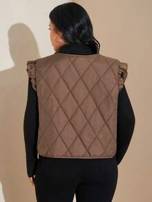 SHEIN PETITE CURVE 大码纯色简约日常穿着荷叶袖夹棉大衣 - 棕色 - 查看 2