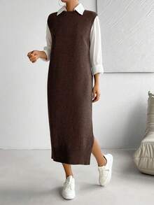 SHEIN LUNE Women's All-Match Versatile Commuter Long Dress - Coffee Brown - View 4