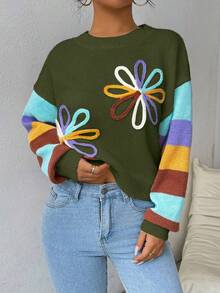 EMERY ROSE Casual Colorblock Striped 3D Floral Decor Sweater, Autumn/Winter
