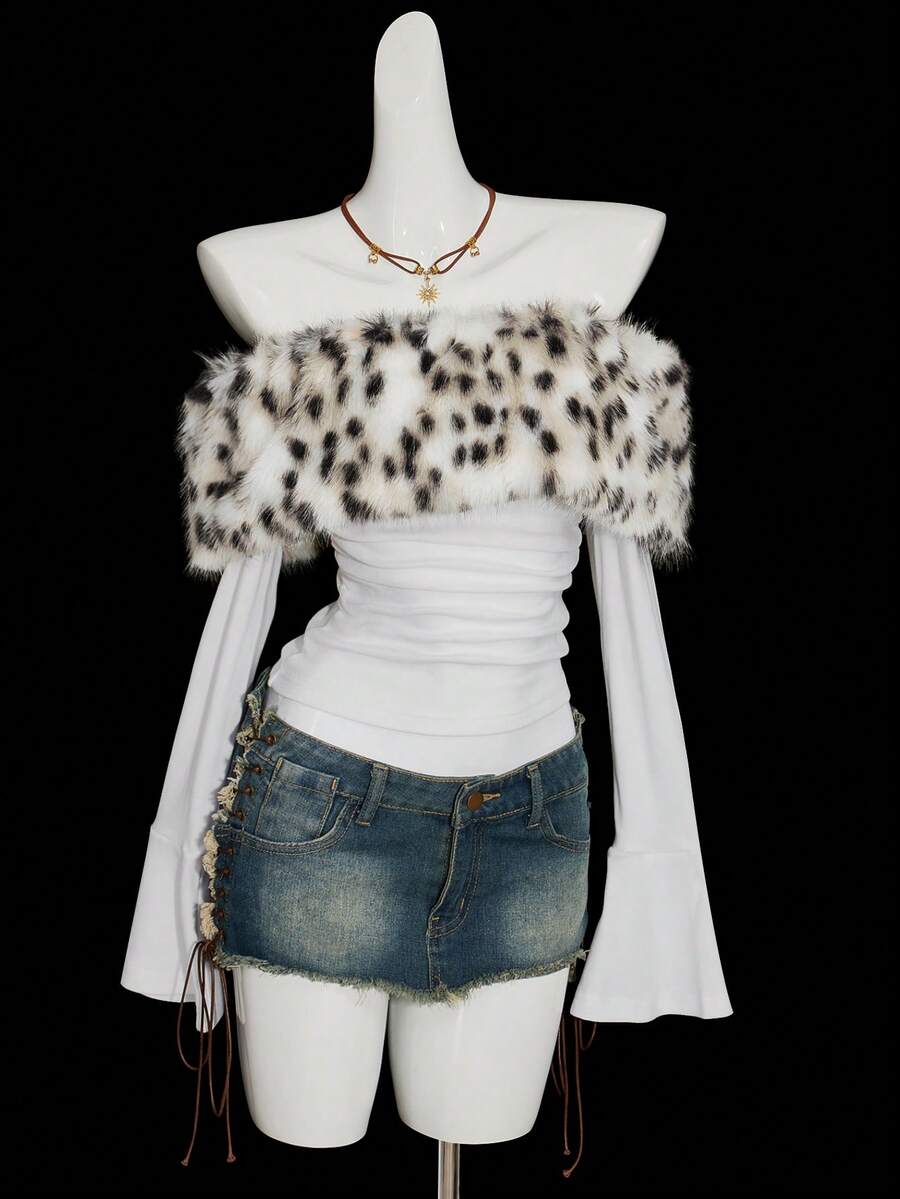 SHEIN ICON 女士性感时尚Y2K豹纹露肩修身T恤 - 白色 - 查看 1