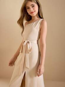 Elegant Flower Girl Dress For Graduation, Wedding, Ball, Halloween, Christmas, Champagne Satin One-Shoulder Waist Bow Strap Backless Midi Dress For Tween Girl, Fashion Open Hem Puffy Princess Dress For Back To School - Champagne - View 7