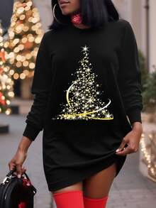 Maweii Plus Size Holiday Dress, Christmas Themed Graphic Print, High-Quality Dye Sublimation Pullover Sweatshirt - Black - View 1
