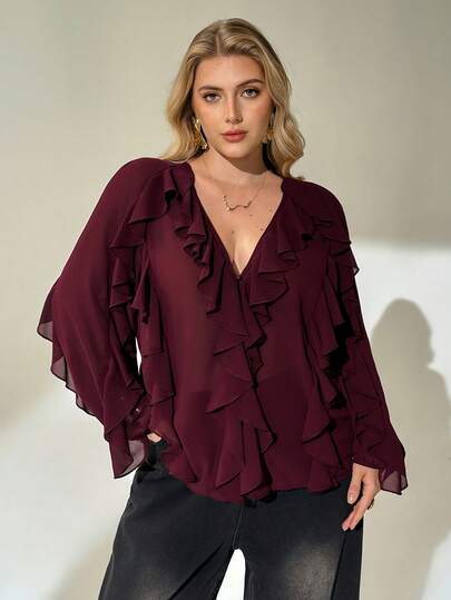 SHEIN Essnce Plus-Size Women's Autumn/Winter Fashionable Elegant Loose Comfortable Everyday Purple-Red Chiffon Long-Sleeved Ruffled V-Neck Sheer Blouse, Sexy Top,Fall Outfits,Y2k Clothes,Burgundy Top