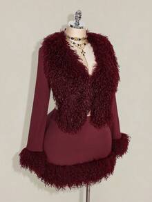 SHEIN ICON Plus Size Wine Red Faux Fur Collar Patchwork Knit Long Sleeve Bodycon Skirt Burgundy Outfit Women Maroon Outfits For Women/Winter Fringe Outfits Women