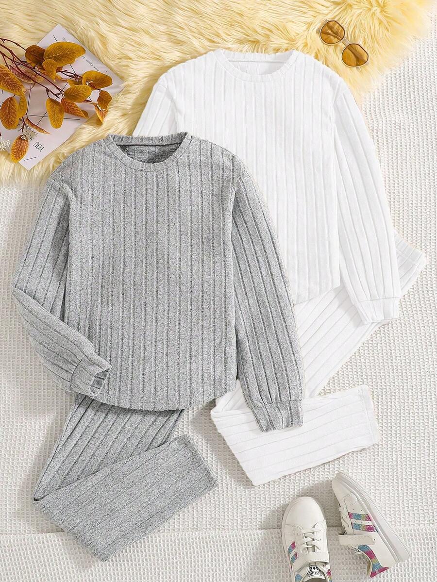 2pcs/Set Tween GirlsCasual Knitted Plush Fabric Top And Leggings Set, 1 Black Set And 1 Burgundy Set - Multicolor - View 1