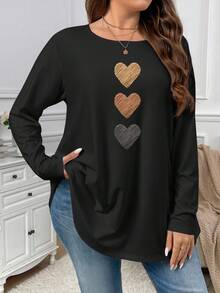 Firerie Ombre Heart Texture Print Casual Minimalist Round Neck Plus Size T-Shirt, Autumn/Winter - Multicolor - View 4