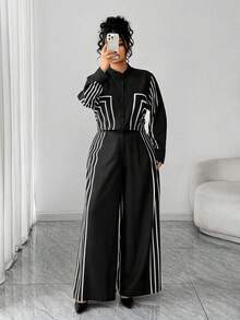 Elenzga 女式立领数码印花几何线条图案长袖前开衫，法式优雅风格；搭配直筒印花裤，适合办公室穿着和日常穿着 - 黑色 - 查看 5