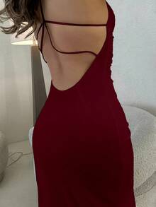 Jemour 优雅纯色性感露背系带设计无袖正式礼服女式海滩夏季连衣裙 - 酒紅色 - 查看 3