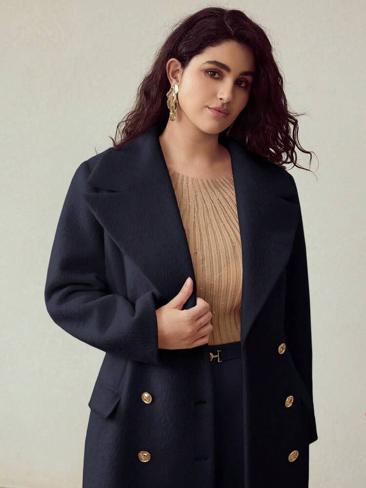 PLUS WOOL ELEGANT LAPEL COLLAR CINCHED WAIST METAL BUTTON OVERCOAT, AUTUMN/WINTER
