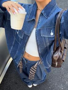 Muchica 女士秋季落肩长袖拉链休闲牛仔外套 - 藍色 - 查看 1