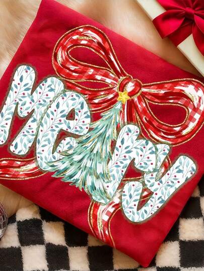 INAWLY Christmas Tree, Bow, And Letter Print Round Neck Long Sleeve Sweatshirt For Women, Comfortable For Sports, Casual, Student, Teacher, Outdoor, Photography, Classic Red