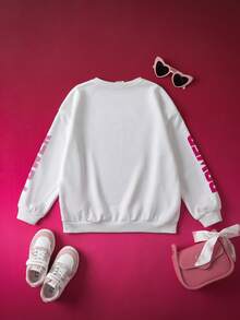 THE POWERPUFF GIRLS X SHEIN 少女可爱卡通女孩字母图案圆领落肩长袖针织白色卫衣 - 白色 - 查看 3