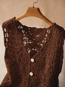 Elaquor 大码休闲纯色镂空针织背心 - 棕色 - 查看 5