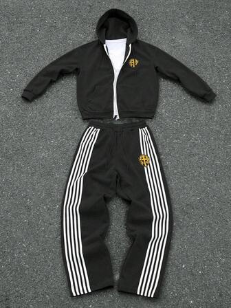 Aesthetic Post Herrset med dragkedja och randiga lapptäcksbyxor, höstträningsoverall för män, herrset med 2 delar, för vintern