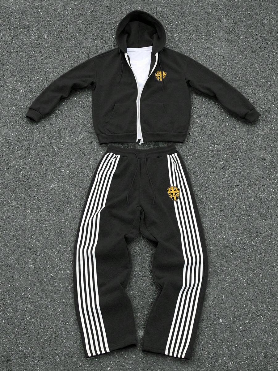 Manfinity Roghcode 男士休闲拉链连帽衫和条纹拼接裤套装，秋季男士运动服两件套慢跑裤套装，冬季款 - 黑色 - 查看 1