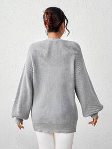 SHEIN PETITE 女士纯色休闲珍珠纽扣装饰开衫毛衣 - 淺灰色 - 查看 2