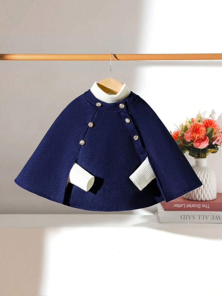 SHEIN Genkimix Kids Áo khoác len dễ thương cho bé gái, Thu/Đông - Xanh đậm - Xem 1