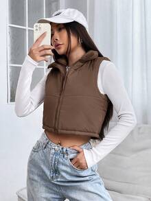 SHEIN PETITE 女士纯色简约无袖羽绒服，日常穿着 - 棕色 - 查看 6