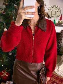 LanaWest 女式拉链拼布领休闲针织开衫 - 紅色 - 查看 1