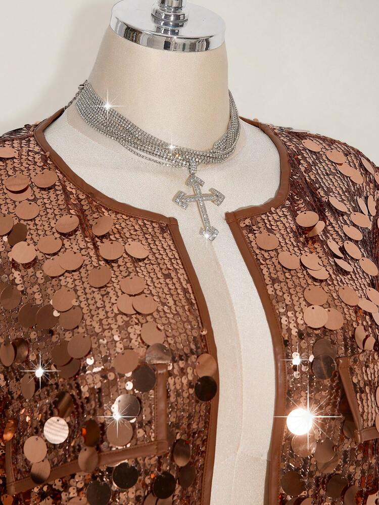 SHEIN ICON Plus Size Shiny Silver Sequin Round Neck Versatile Short Jacket, Party Wear In Fall/Winter - Gold - View 6