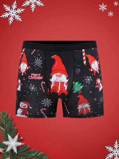 NotGurli Christmas Funny Print Cartoon Quirky Santa Claus, Gift Box, Candy Cane, Bells, Snowflakes, Snowman, Family Party Men's Mid-Length Boxer Briefs