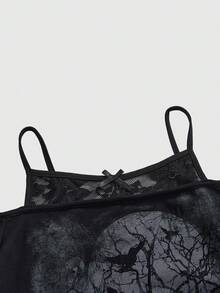 Goth 女士哥特式暗黑神秘裸树与猫印花撞色蕾丝吊带卫衣 - 黑色 - 查看 3