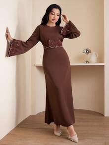 Veilorie Elegant damklänning med broderad utsvängd ärm i arabisk stil, höst - Kaffebrun - Visa 6