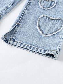 SHEIN ChillGRL 少女休闲时尚个性化设计蓝色爱心刺绣斜襟开衩下摆水洗蓝牛仔直筒修身牛仔裤 - 中等水洗藍 - 查看 6