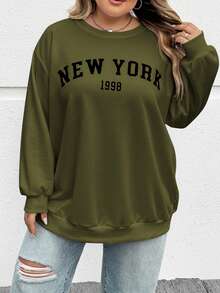 SHEIN CURVE+ 秋冬大码休闲宽松纽约图案圆领长袖女式运动衫 - 軍綠色 - 查看 7