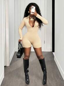 SHEIN BamGlam Women's Solid Color Khaki Sexy Bodysuit, Fitted Long Sleeve Deep V-Neck Polo Collar Party Wear - Apricot - View 6