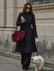 EMERY ROSE Women's Solid Color Minimalist Casual Turndown Collar Long Sleeve Overcoat Long Coat Long Coats For Women Classic Outfits For Women Black Coat Women Coats Winter Clothes For Women Winter Jacket Winter Coat Winter Coat Women Winter Clothes Women - Black - View 1