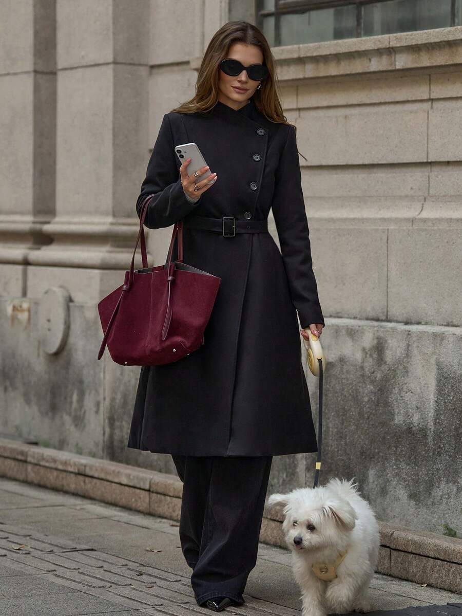 EMERY ROSE Women's Solid Color Minimalist Casual Turndown Collar Long Sleeve Overcoat Long Coat Long Coats For Women Classic Outfits For Women Black Coat Women Coats Winter Clothes For Women Winter Jacket Winter Coat Winter Coat Women Winter Clothes Women - Black - View 1