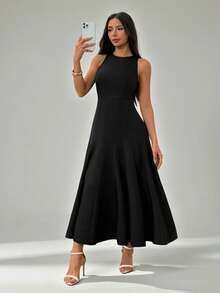 SHEIN PETITE Abito lungo casual con stampa di ombrello, adatto per l'abbigliamento quotidiano e per i look a strati in autunno/inverno - nero - Visualizzare 5