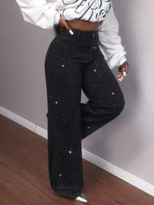 Slaydiva 女式高腰水钻口袋阔腿宽松休闲牛仔裤 - 黑色 - 查看 4