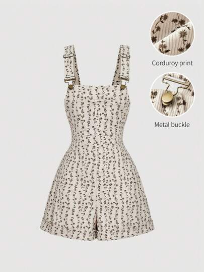 SHEIN MOD Salopette in velluto a coste con stampa floreale albicocca in stile retrò anni '70