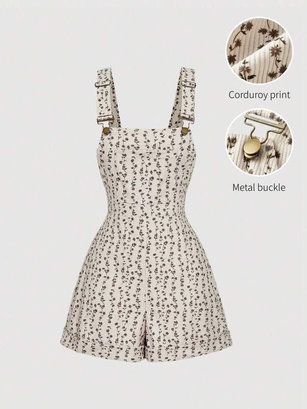 SHEIN MOD 70s Retro Apricot Floral Print Corduroy Overalls,Winter Clothes ,Christmas Outfit,New Year Outfit,Thanksgiving Outfit For Women