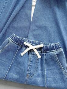 SHEIN Jeans casuales rectos y sueltos con cintura elástica para niñas preadolescentes - Azul lavado medio - Ver 8