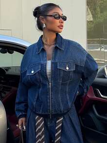 Muchica 女士秋季落肩长袖拉链休闲牛仔外套 - 藍色 - 查看 4