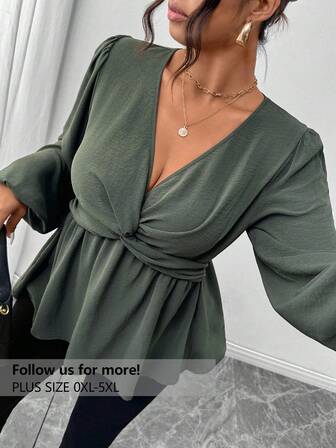 Firerie Plus Size Casual Twist Hem Long Sleeve Shirt, Green