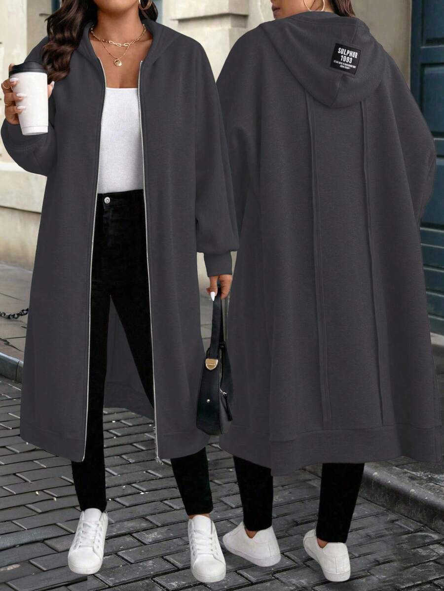 EMERY ROSE Plus Size Women's Letter Graphic Zip-Up Hooded Long Sweatshirt Sweatshirt Jacket - Grey - View 1