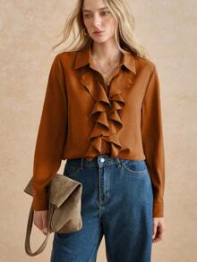 Écloséra Women's Solid Color Minimalist Ruffle Hem Long Sleeve Blouse, Everyday Wear - Brown - View 5